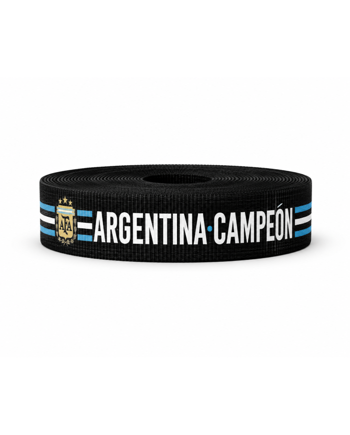 CINTA SUBLIMADA POL 30mm x 10mts ARGENTINA CAMPEON DEL MUNDO / NEGRA